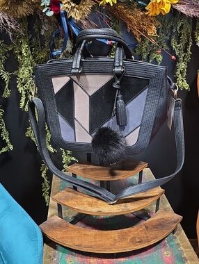 Black Geometric Panel Shoulder Bag with Pom Accent
